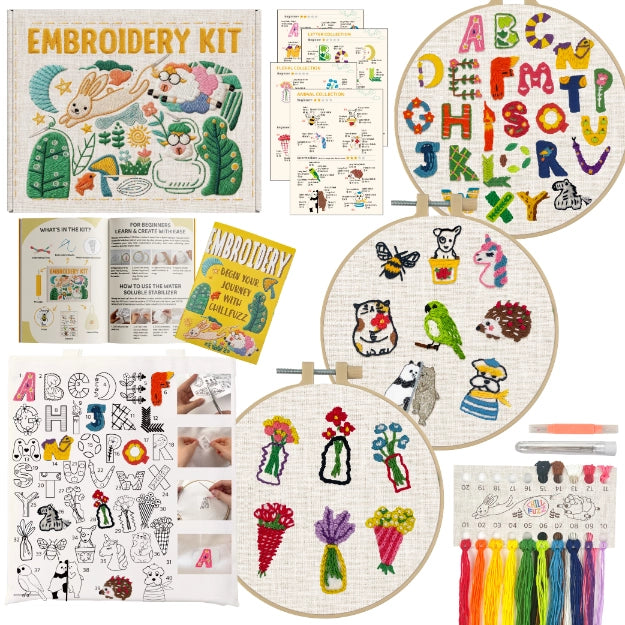 Bundle - Beginner Embroidery Kit - 26-Alphabet + Floral + Animal Complete Embroidery Set