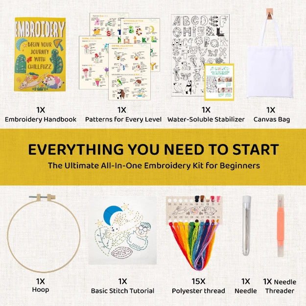 Bundle - Beginner Embroidery Kit - 26-Alphabet + Floral + Animal Complete Embroidery Set