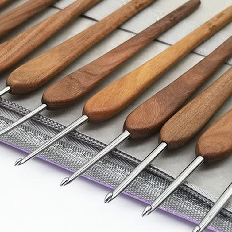 Crochet Tool - 12-Piece Solid Wood Handle Stainless Steel Crochet Hook Set