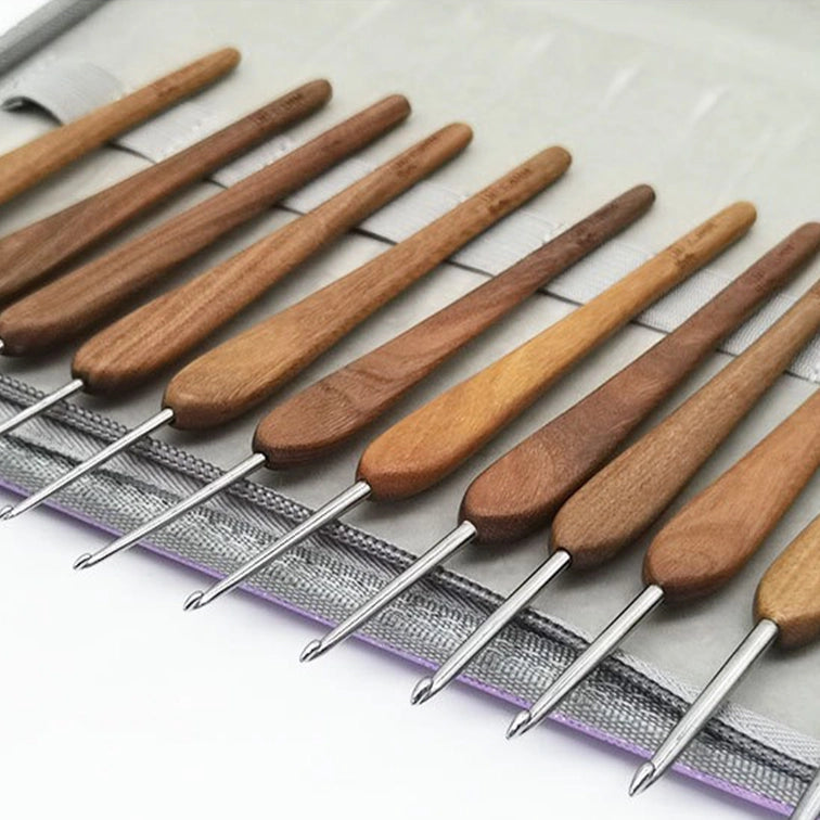Crochet Tool - 12-Piece Solid Wood Handle Stainless Steel Crochet Hook Set