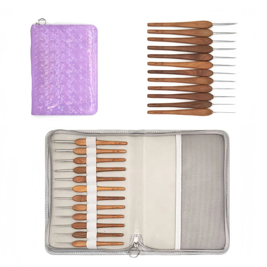 Crochet Tool - 12-Piece Solid Wood Handle Stainless Steel Crochet Hook Set