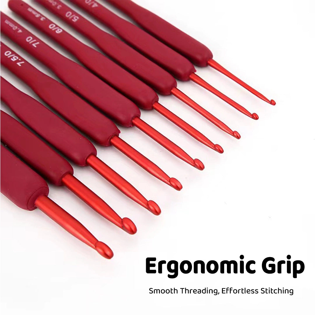Crochet Tool - Stainless Steel Crochet Hook with red Soft Handle