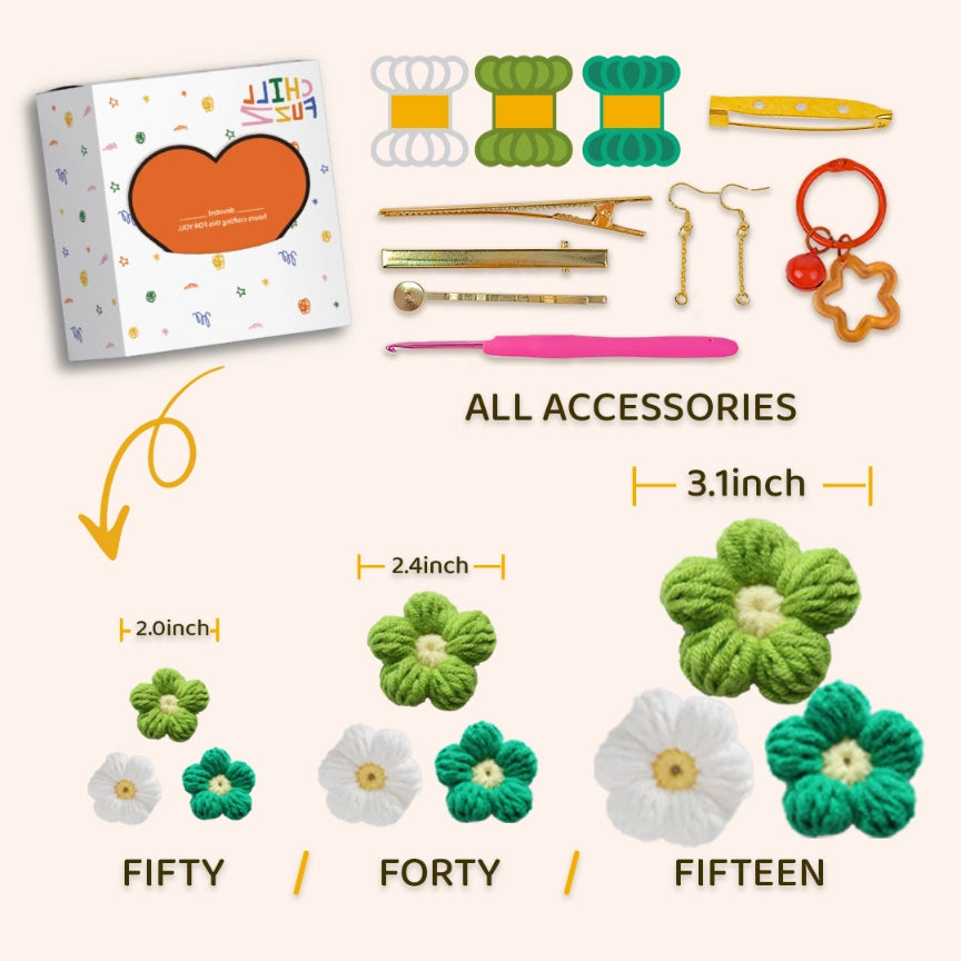 Crochet Kit : 15 - 50 Pcs Green - Toned Tricolor Puff Flowers
