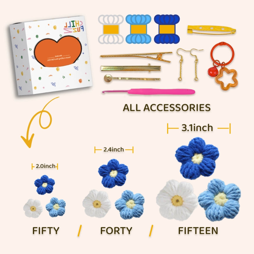 Crochet Kit : 15 - 50 Pcs Blue - Toned Tricolor Puff Flowers