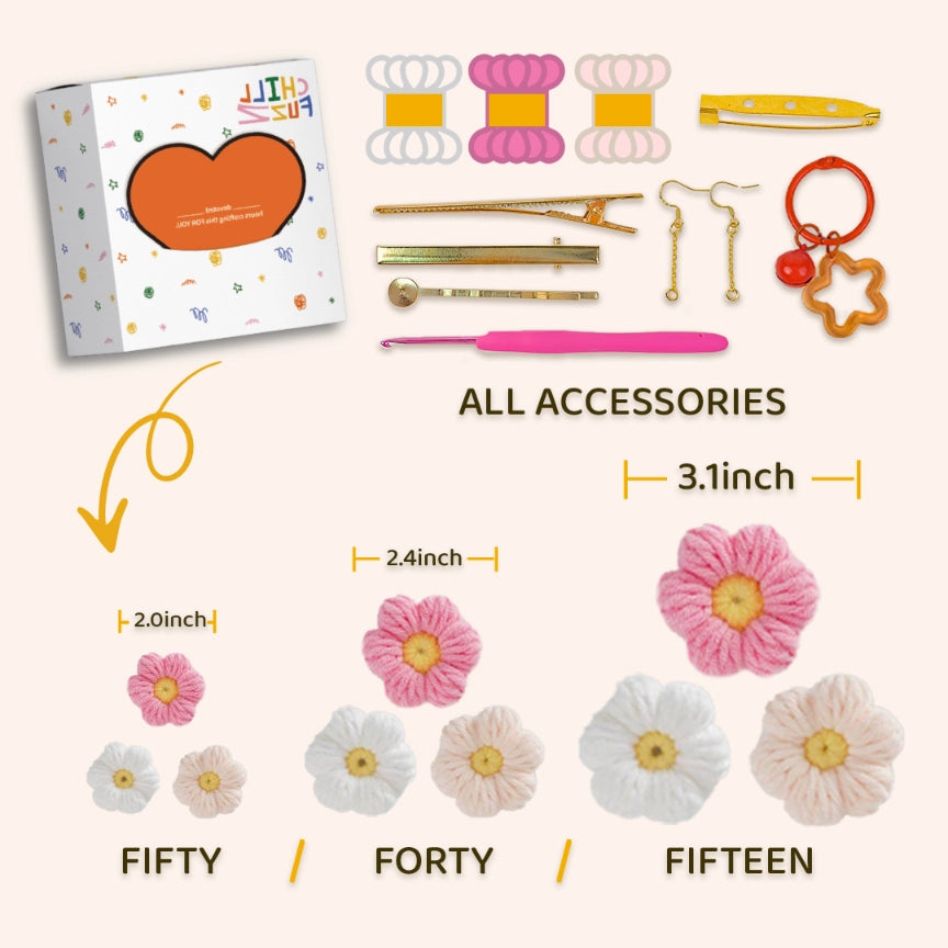 Crochet Kit: 15 - 50 Pcs Pink - Toned Tricolor Puff Flowers
