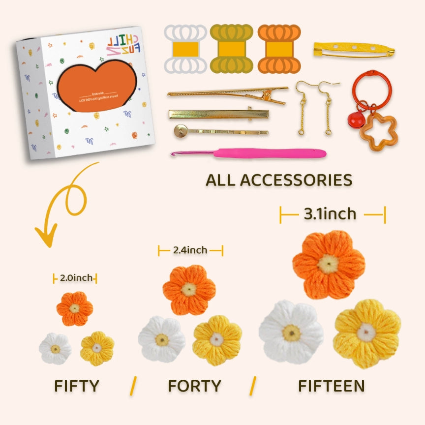 Crochet Kit : 15 - 50 Pcs Yellow - Toned Tricolor Puff Flowers
