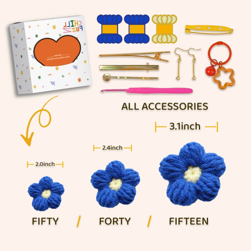 Crochet Kit: 15-50 Pcs Blue Puff Flowers