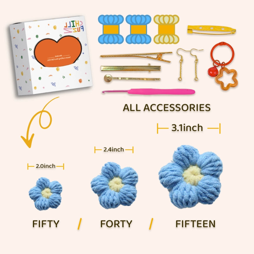 Crochet Kit: 15-50 Pcs Light Blue Puff Flowers
