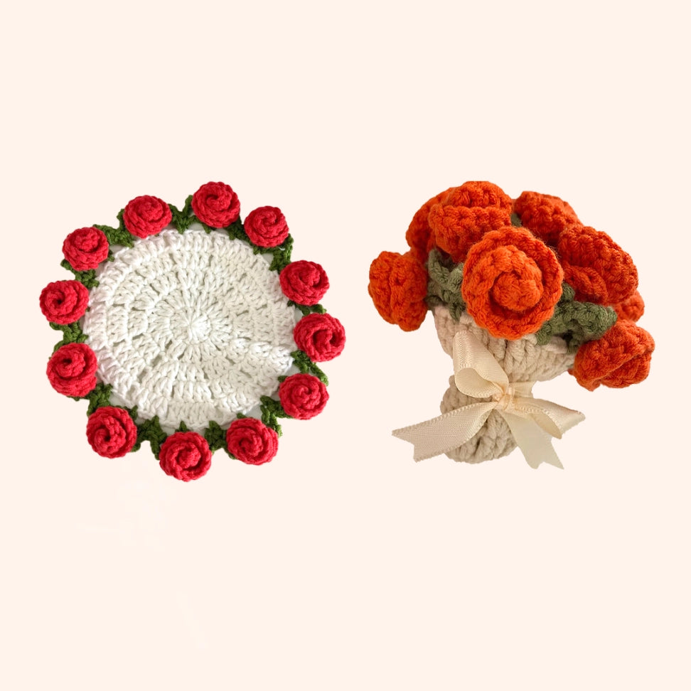 Crochet Kit -  Rose Flower with Basket Coaster